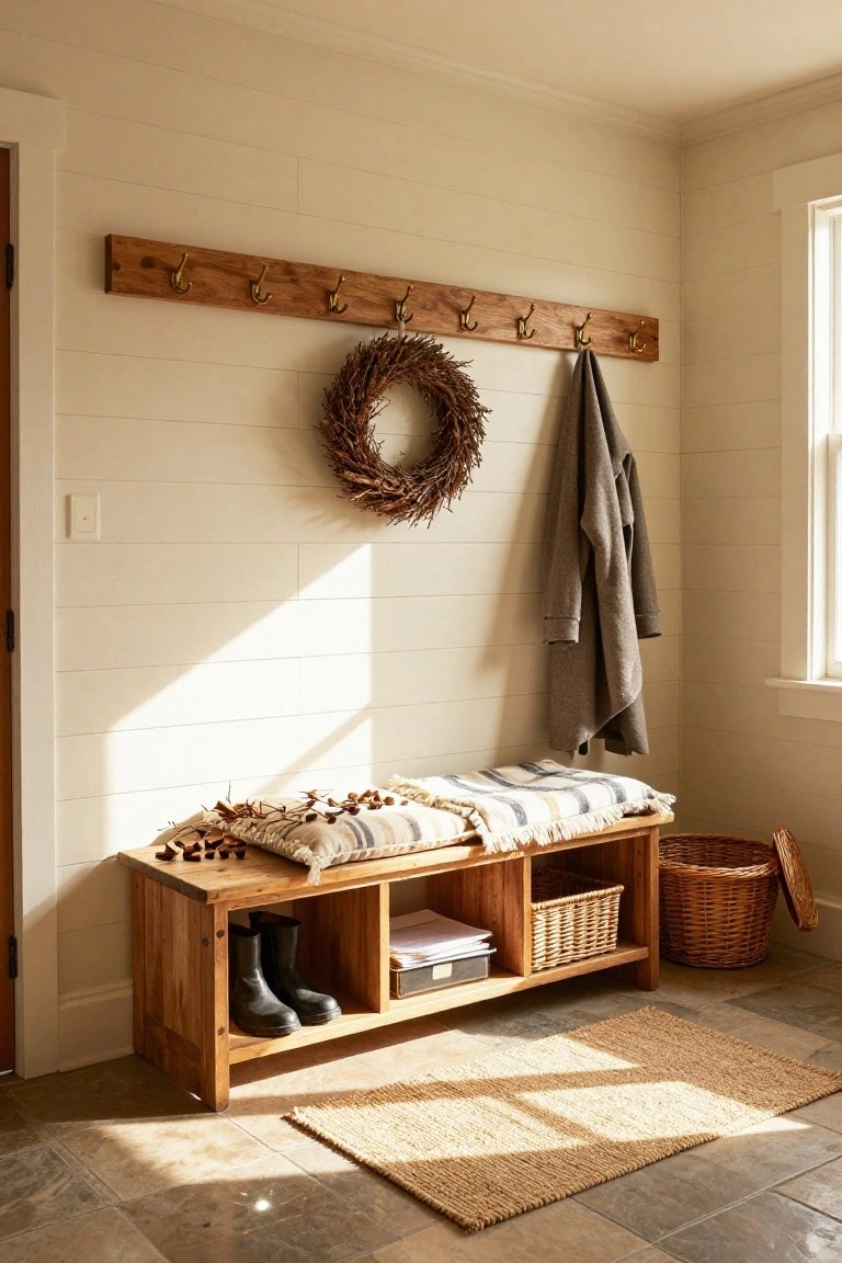 Wooden entryway bench with open cubbies storing black boots and woven baskets, plaid cushions and pillows on the seat, coat hooks above holding a gray coat and flanked by a wheat wreath, in a light beige shiplap-walled room with a seagrass rug on the floor.