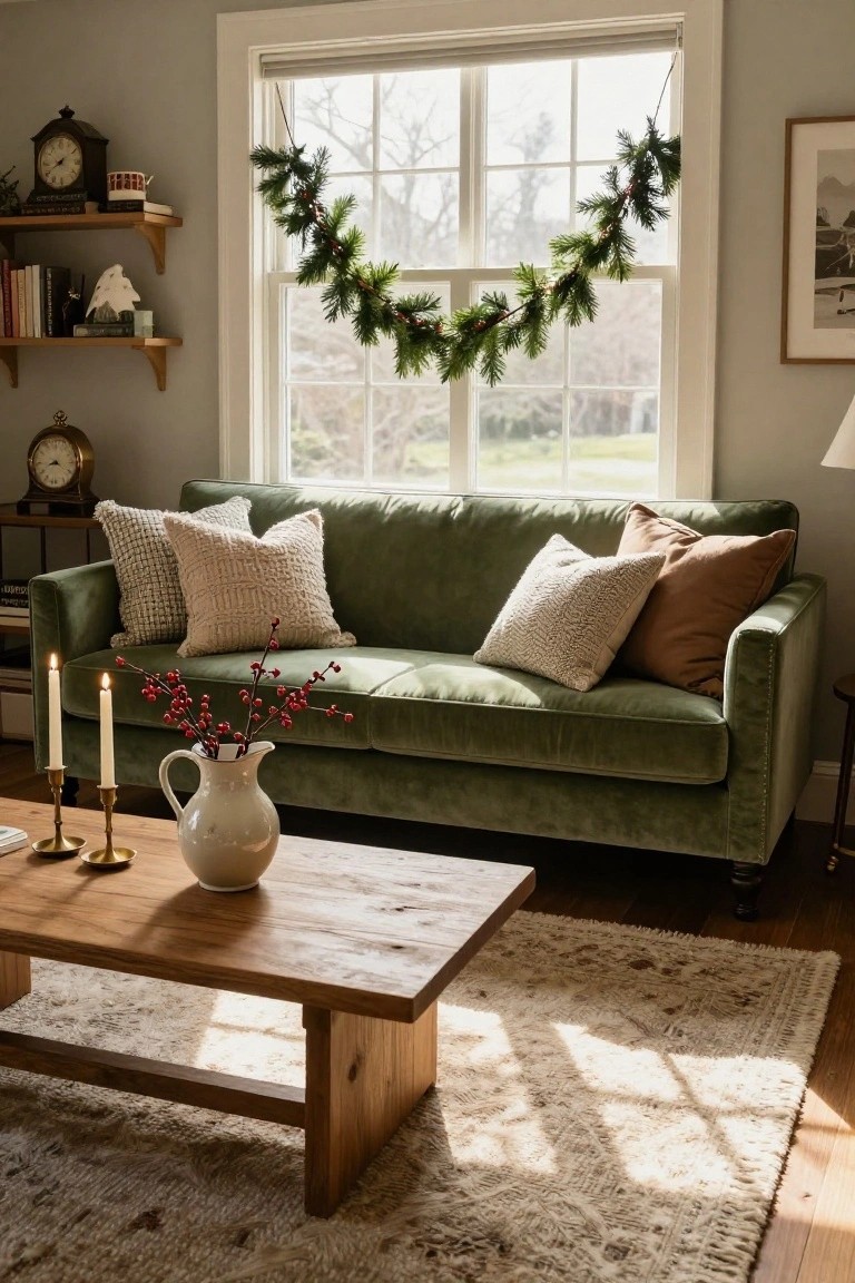 Cozy living room with a green sofa, wooden coffee table, candles, and decorative pillows.