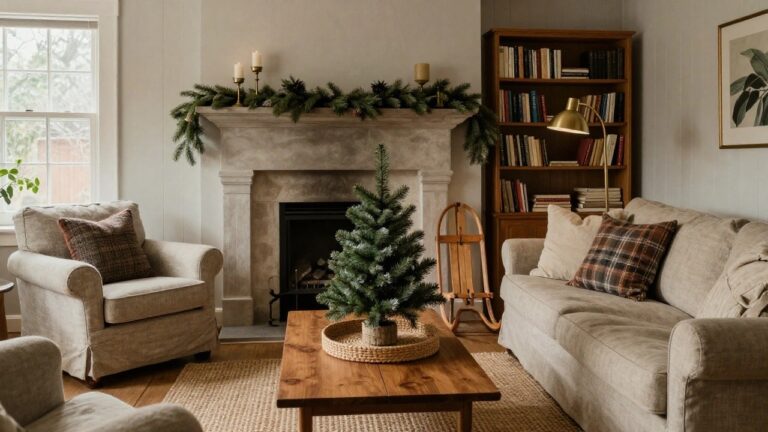 Cozy living room interior with stone fireplace mantel draped in evergreen garland and candles, small lit Christmas tree in seagrass tray on wooden coffee table, beige slipcovered sofa with plaid pillows, wooden bookcase, and neutral paneled walls.