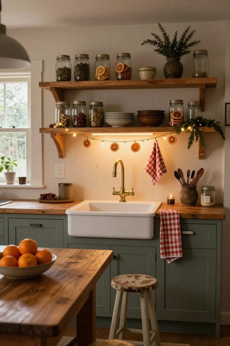 Cozy kitchen with green cabinets, white farmhouse sink, wooden open shelves holding glass jars of spices and dried oranges, fairy light garland with orange slices along the shelves, red checkered towels, wooden spoons, candle, and bowl of oranges on table.
