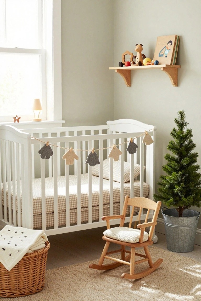 Pale green nursery with white crib strung with felt garland of gloves and clothes, small potted Christmas tree in galvanized bucket next to wooden rocking chair, shelf of wooden toys, lamp by window, and wicker basket on floor.