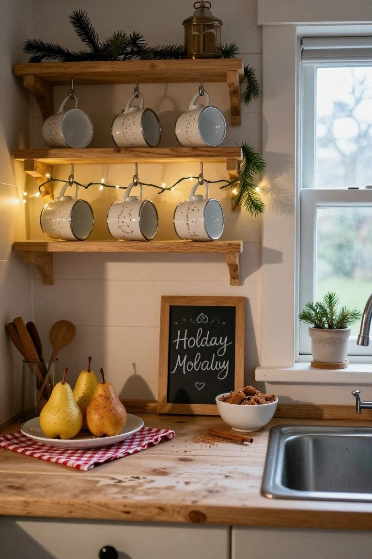 Wooden open shelves in a kitchen displaying hanging white speckled mugs illuminated by string lights and accented with pine branches, with a chalkboard sign reading "Holiday Mugsby", pears on a plate over red checkered cloth on the counter, wooden spoons in a jar, a bowl of crumble, cinnamon sticks, and stainless sink nearby.