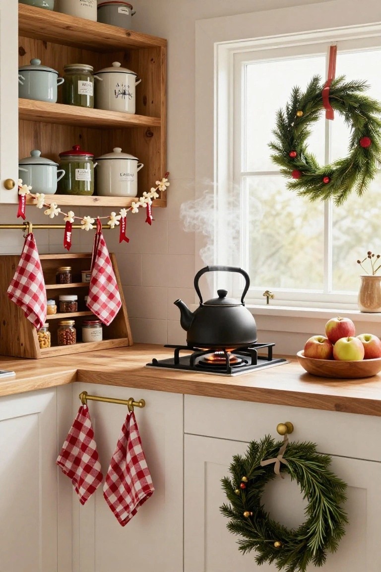 Rustic cottage kitchen with wooden open shelving holding glass jars of spices and foods, red plaid tea towels hanging from racks and hooks, black kettle steaming on gas stovetop, evergreen wreaths on window and cabinet, and wooden bowl of red apples on wood countertop.