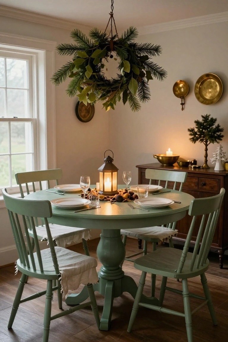 Cozy dining room interior with round sage green painted pedestal table, matching wooden chairs with white cushions, lantern centerpiece, white plates, wine glasses, pinecones, evergreen garland hanging from ceiling light, and sideboard with brass bowls and small Christmas trees.