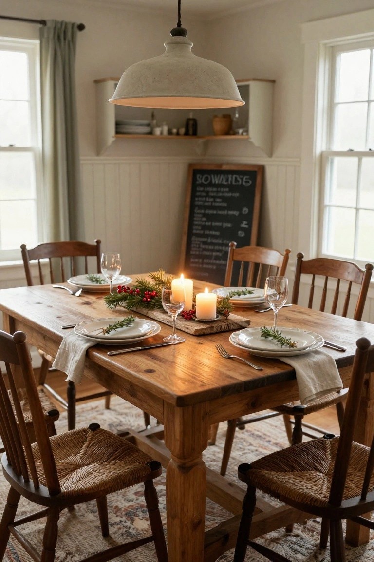 Wooden farmhouse dining table set for Christmas with white plates garnished with rosemary sprigs, wine glasses, linen napkins, a centerpiece of pine branches holly berries and lit taper candles on a wooden board, rattan chairs around it, and a chalkboard menu nearby.