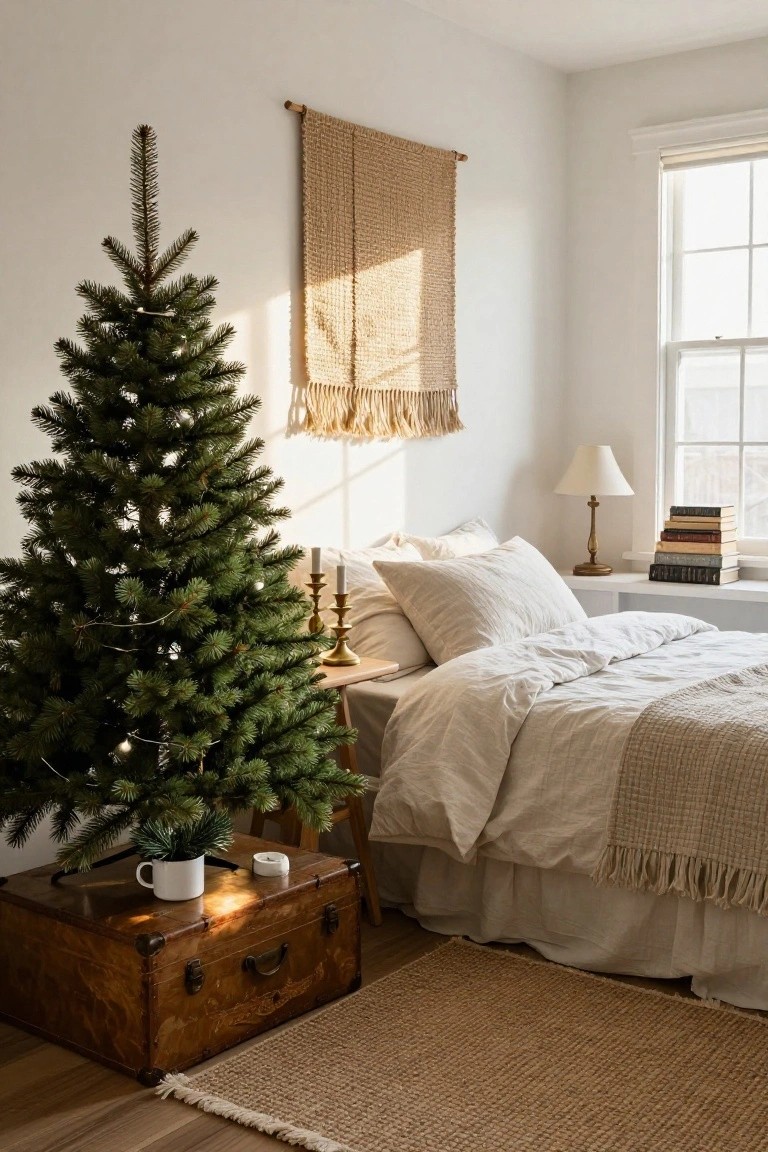 Small lit artificial Christmas tree beside a bed with white linens and pillows in a light bedroom with woven wall hanging, brass candlesticks, books, and trunk base.
