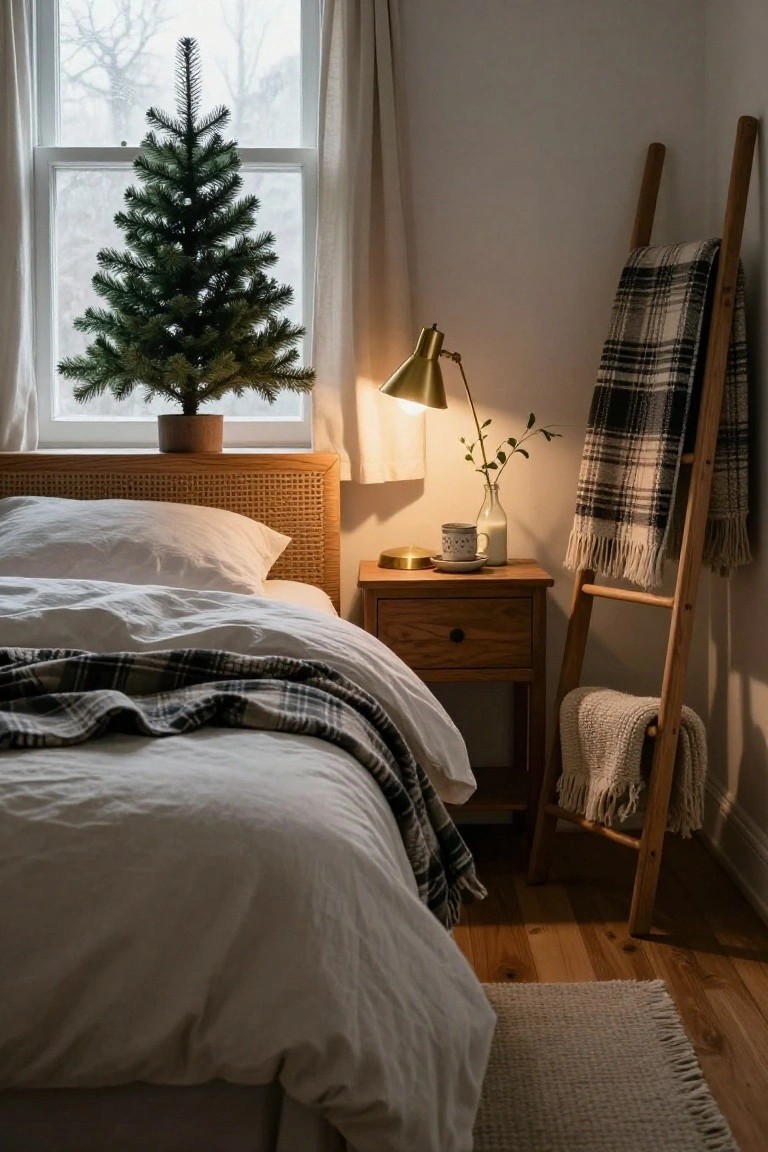 Cozy bedroom with a small potted Christmas tree by a curtained window, wooden bed with white linens and plaid blanket draped over it, nightstand holding a gold lamp and vase, ladder shelf with blankets nearby, and hardwood floors.