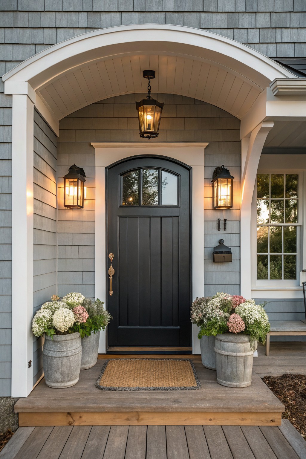 Gray shingle house exterior featuring white arched porch entryway with black paneled front door, wall-mounted lanterns, potted white hydrangeas flanking wooden steps, and beige door mat.