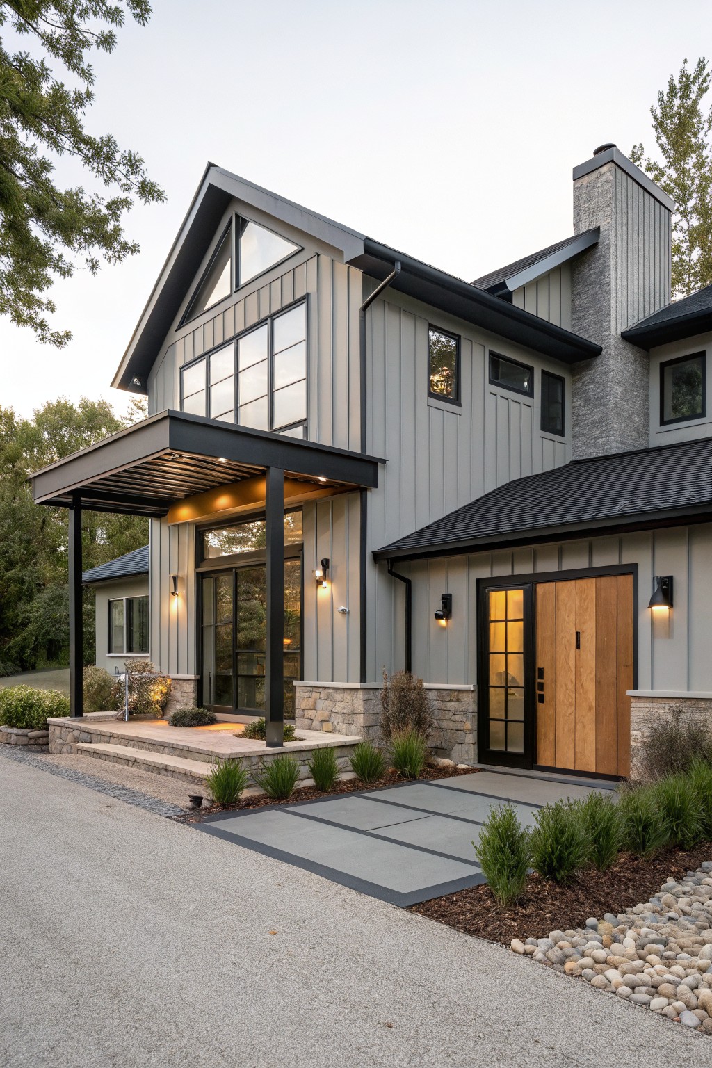 Gray vertical siding house with black metal-framed covered porch over wooden front door, stone accents, landscaping, and gravel driveway.
