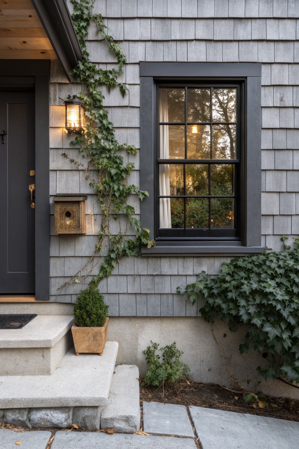 Gray shingle house exterior with dark front door, black-framed double-hung window draped in ivy, wall-mounted lantern, wooden birdhouse, potted boxwood plant, and stone entry steps on a bluestone path.