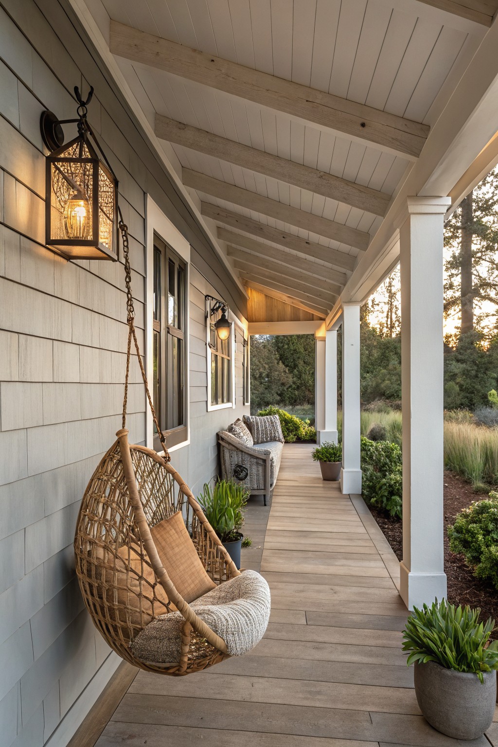 Gray shingled farmhouse porch with exposed wood beams, hanging chain lanterns emitting warm light, woven egg swing chair with pillows, wicker sofa, potted plants, white columns, and wooden decking extending toward landscaped yard at sunset.