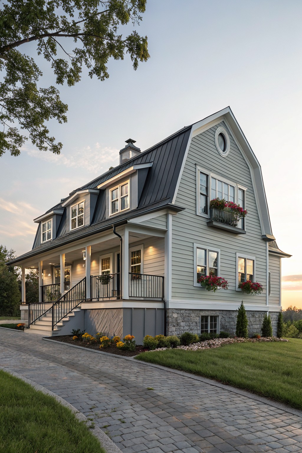 Two-story gray clapboard farmhouse with dark standing seam metal roof, white trim, dormer windows, wraparound porch with railings, flower boxes, stone foundation, and landscaped yard with paved driveway at dusk.