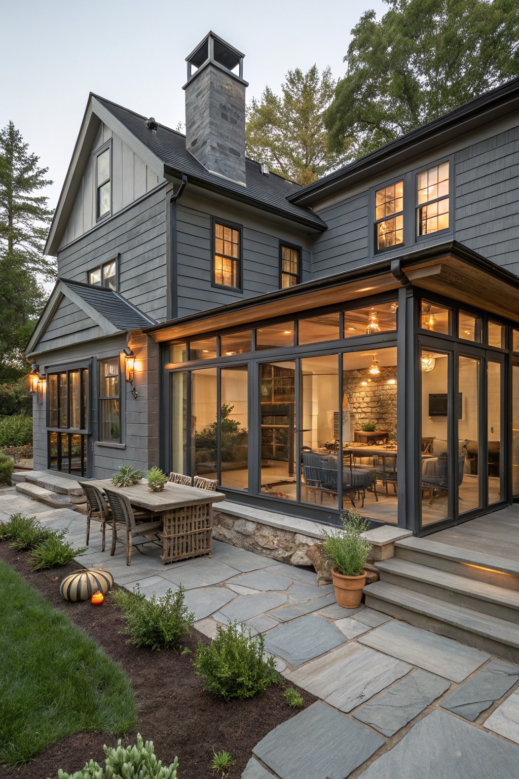 Side view of dark gray shingle house with black-framed glass sunroom extension, outdoor dining table with chairs on stone patio, plants, and steps leading to yard.