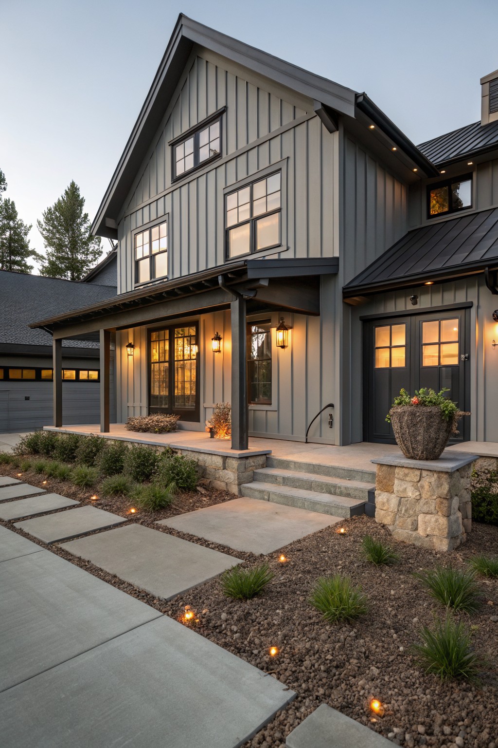 Two-story gray board-and-batten farmhouse with black metal roof, covered porch, attached garage, stone pillar, paver pathway, and low plantings at dusk with warm lighting.