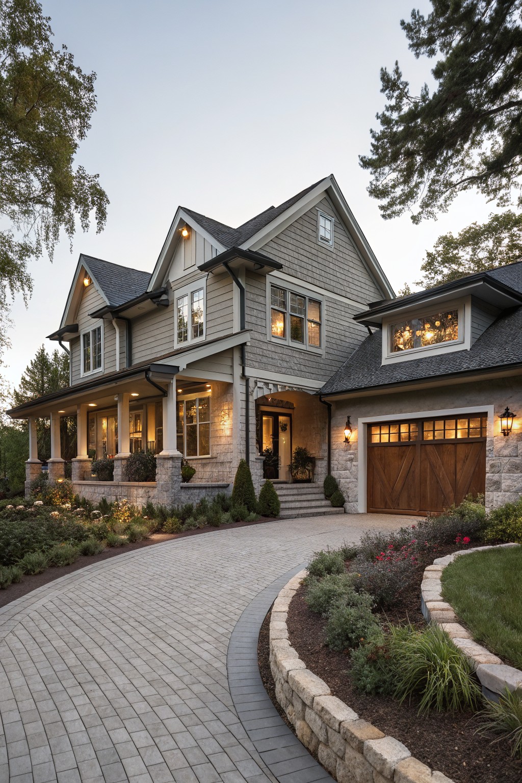 Two-story house with light gray shake siding, white trim, gabled roofs, covered front porch supported by stone piers, attached garage with wooden paneled doors and stone walls, curved paver driveway edged by stone retaining wall and shrubs, lit at dusk.