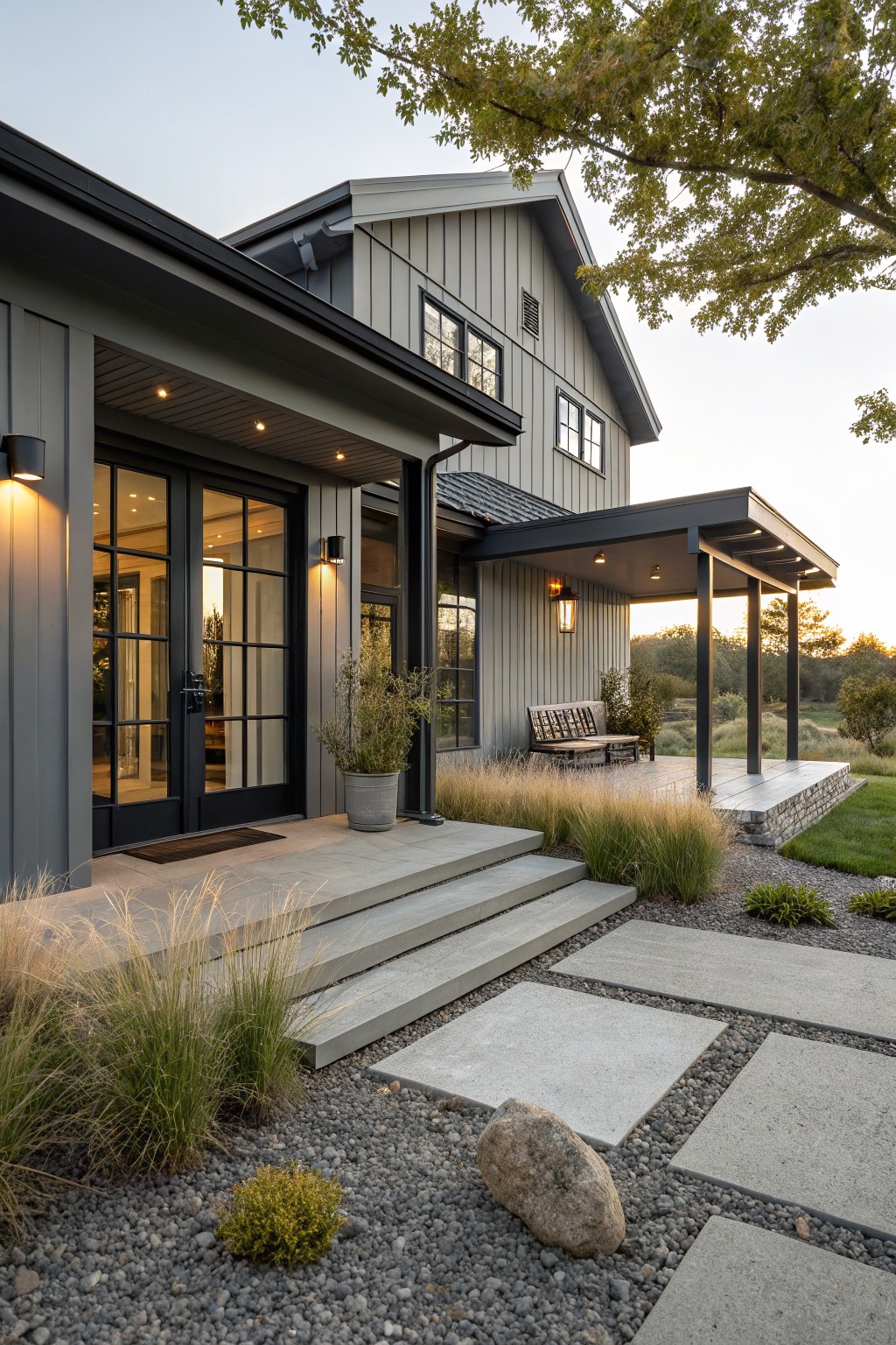 Gray board-and-batten sided farmhouse exterior with black-framed glass double doors, covered metal porch supported by posts, integrated bench, concrete steps, paver pathway through gravel, ornamental grasses, large pot, and wall lanterns at dusk.