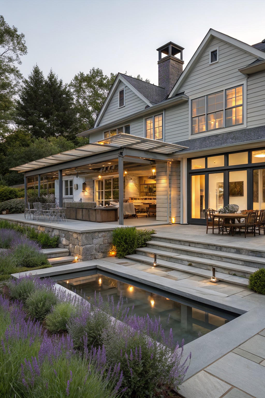 Rear exterior of gray shingle farmhouse with large glass doors opening to metal pergola-covered deck holding wood bar island, metal chairs, round dining table, stone steps descending to rectangular black reflecting pool edged in lavender plants.