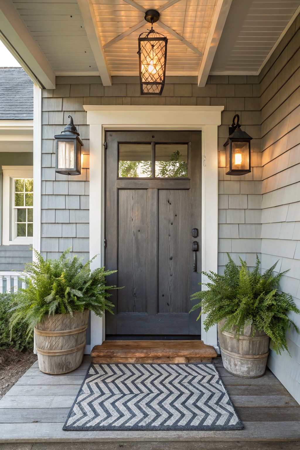 Gray shingled house front porch with dark wood door, black lantern wall lights, ferns in weathered wooden barrel planters flanking the door, and gray zigzag doormat on wood steps.