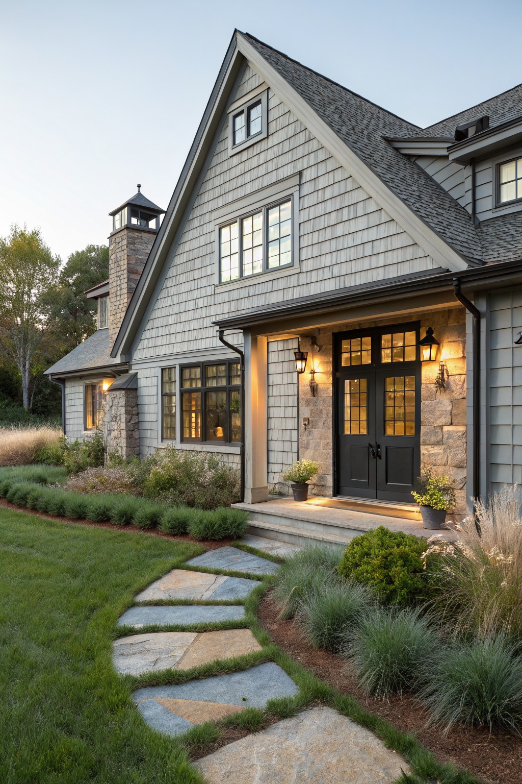 Gray shingled house exterior with covered entry porch clad in stone, flanked by lanterns and dark wood double doors, flagstone pathway, and low plantings in the yard at evening light.