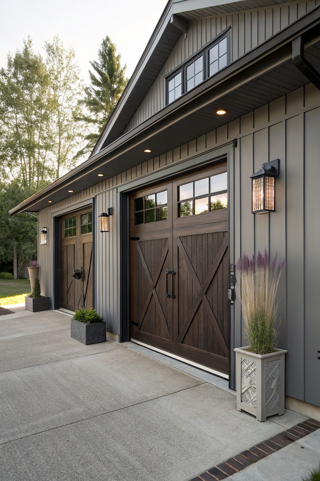Gray board-and-batten sided detached garage with two sets of open dark wood carriage doors, wall-mounted lanterns, potted ornamental grasses and plants along concrete driveway, trees in background.