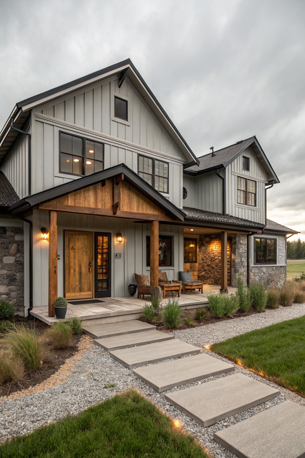 Gray board-and-batten sided house exterior with black trim, wooden beams and posts on a covered front porch, stone foundation accents, lanterns, potted plants, concrete pathway, gravel, grasses, and lawn under a cloudy sky.