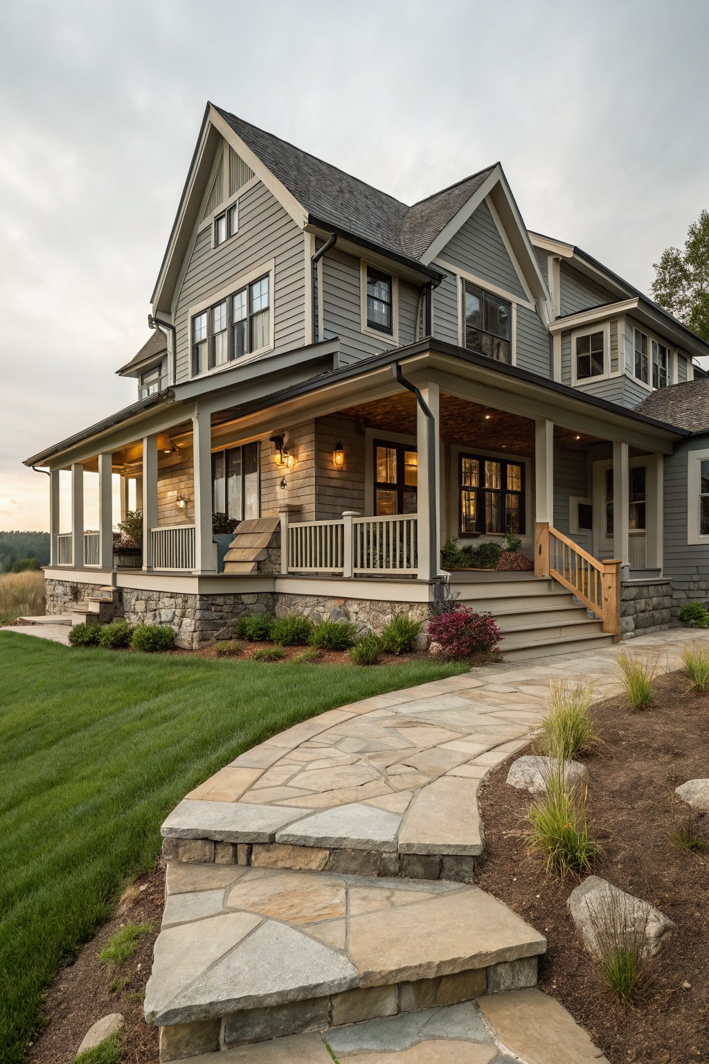 Gray shingle-sided farmhouse with wraparound covered porch on stone foundation, flagstone pathway and steps leading up, grass lawn, shrubs, and ornamental grasses at dusk.