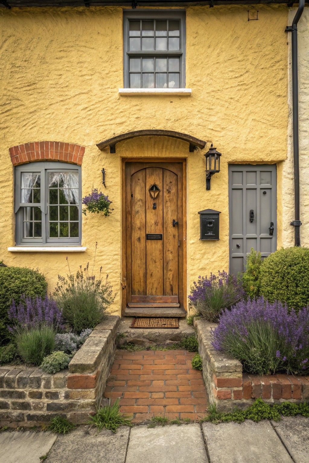 Yellow rendered cottage exterior with arched wooden front door, black lantern, lavender plants bordering brick steps, and adjacent windows and grey side door.