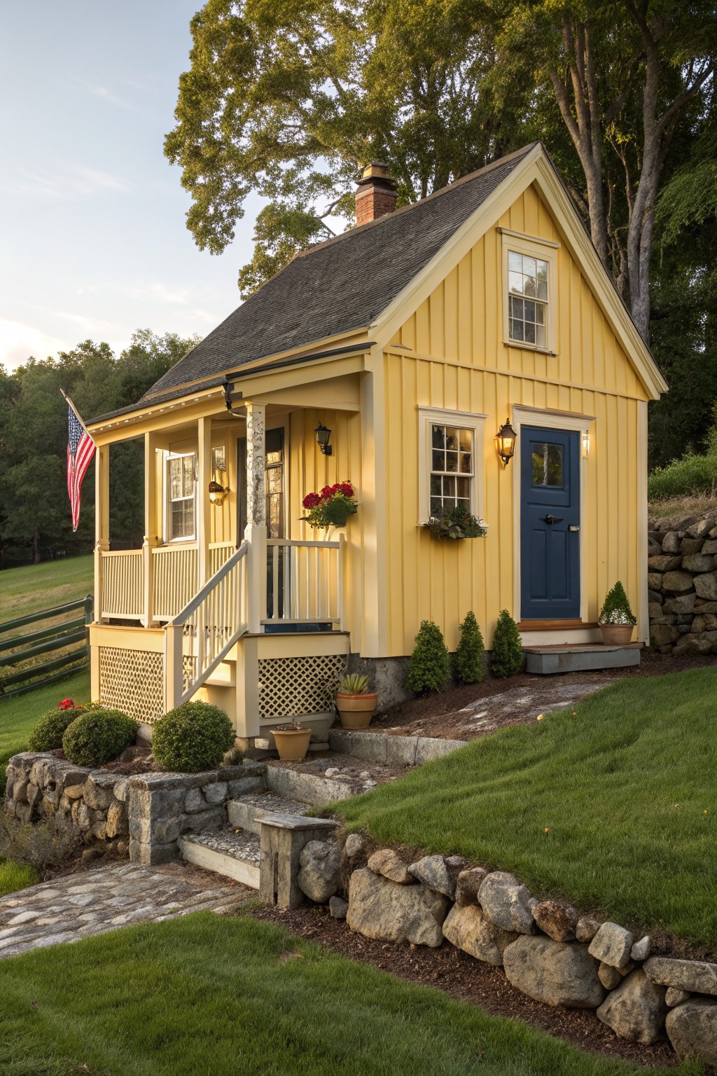 Small yellow clapboard cottage with gabled roof, covered front porch, navy blue door, two American flags, flower boxes, stone retaining walls, and shrubs on a grassy hillside.