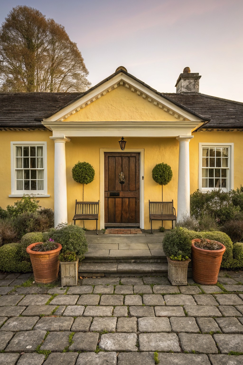 Yellow painted cottage with white columns and pediment over a dark wooden front door, benches on either side, topiary plants, potted greenery, and stone steps on a paved path.