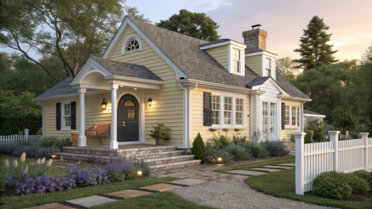 Pale yellow shingled cottage with gray roof, navy blue arched front door under a covered porch with columns and lanterns, white picket fence, stone steps, and surrounding plants and lawn.