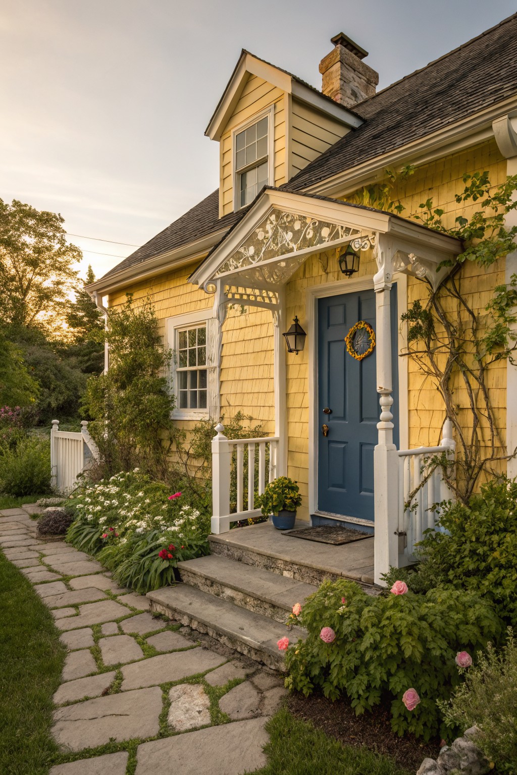 Yellow shingled cottage with white gingerbread-trimmed covered porch, blue front door with wreath, lantern light, stone steps, flower beds, and path in garden setting at dusk.