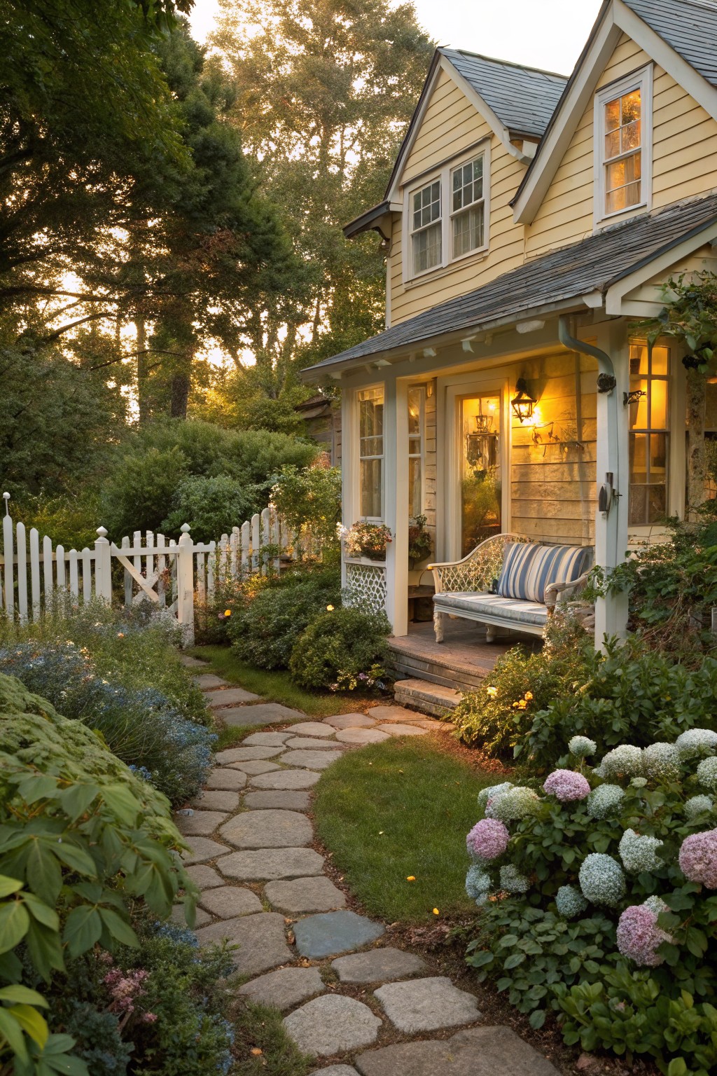 Pale yellow shingled cottage house with covered front porch, blue cushioned bench, white picket fence, stone pathway lined with hydrangeas and shrubs, and lanterns lit at dusk.