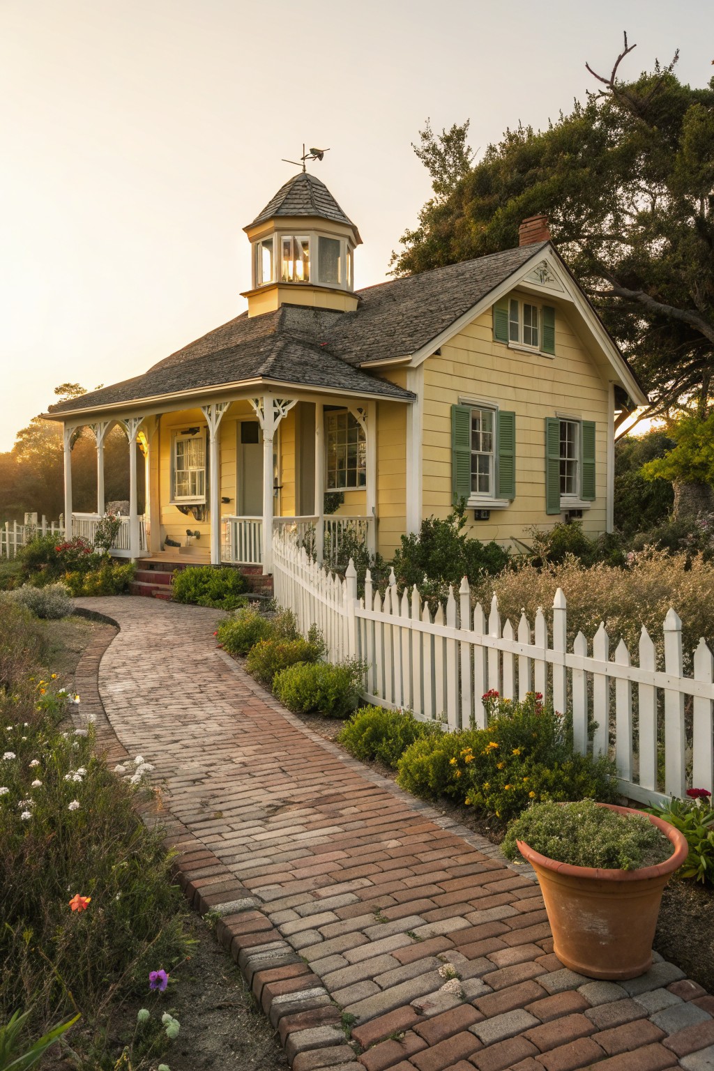 Pale yellow shingle-style cottage with wraparound porch, cupola tower, green shutters, white picket fence, brick pathway, and garden plantings at sunset.