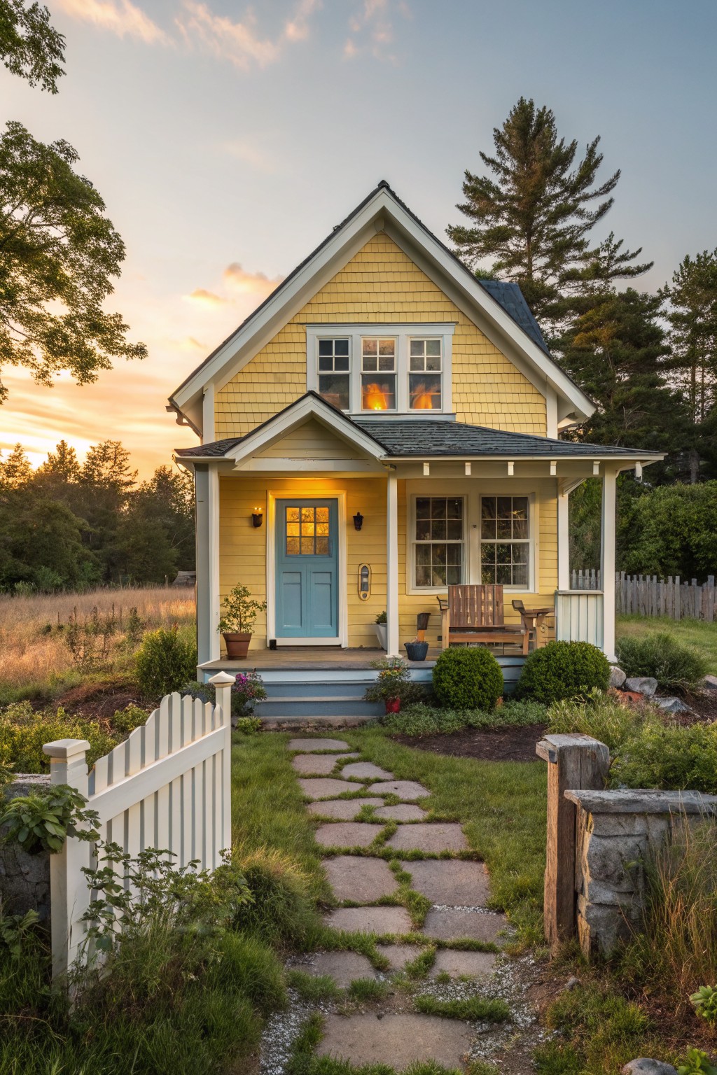 A two-story yellow shingled cottage with white trim, a blue front door, covered porch, and picket fence surrounded by trees, shrubs, and a stone path at sunset.