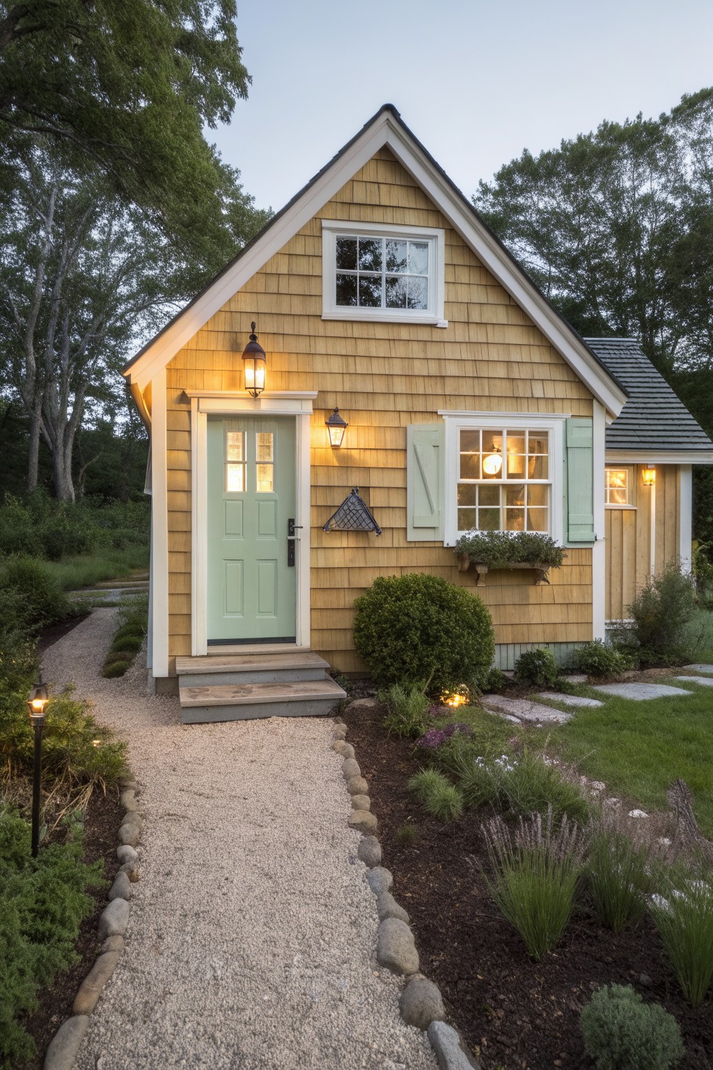 A small yellow shingled cottage with pale green front door and shutters, flanked by lanterns, gravel path with stone edging leading to steps, garden plants, and trees at dusk.
