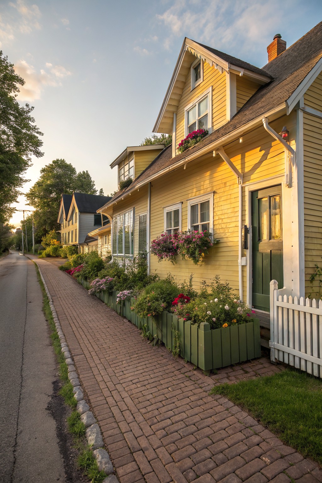 A yellow clapboard cottage with gabled roof, white trim, green front door, flower boxes on windows, green planters with flowers along a brick sidewalk, white picket fence, and trees lining the street.