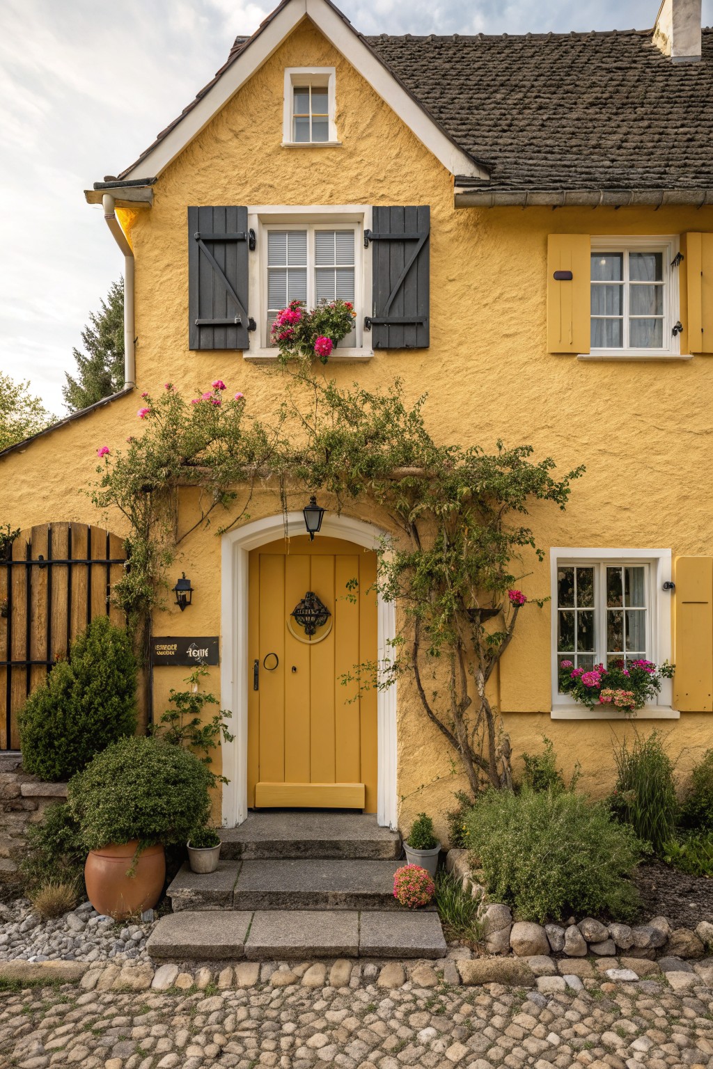 A yellow stucco cottage with black shutters, yellow front door under a vine-covered archway with pink roses, potted plants, shrubs, and a cobblestone path in front.