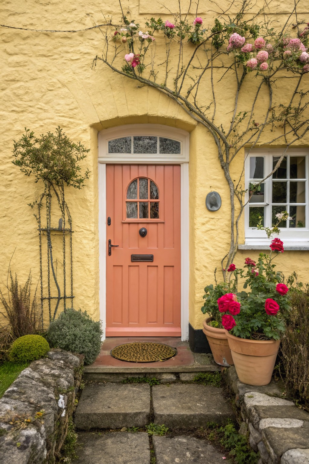 Yellow stucco walls on a cottage exterior with a pink arched wooden front door, climbing pink roses on the walls, potted red roses by the steps, and a stone pathway leading to a welcome mat.