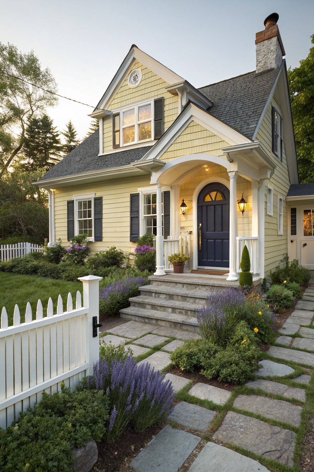 Pale yellow shingled cottage with gray roof, navy blue arched front door under a covered porch with columns and lanterns, white picket fence, stone steps, and surrounding plants and lawn.