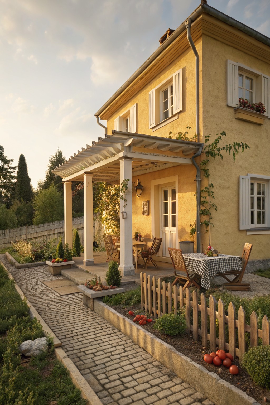 Yellow stucco house exterior with white shutters and trim, wooden pergola covering the front porch with table, chairs, and plants, stone pathway lined with raised garden beds and greenery leading to the entrance.