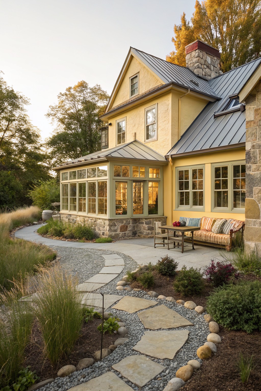 Yellow clapboard house with attached glass sunroom, stone foundation and chimney, metal roof, outdoor sofa and table on patio, winding flagstone path edged with gravel and plants, surrounded by grasses and trees in autumn light.