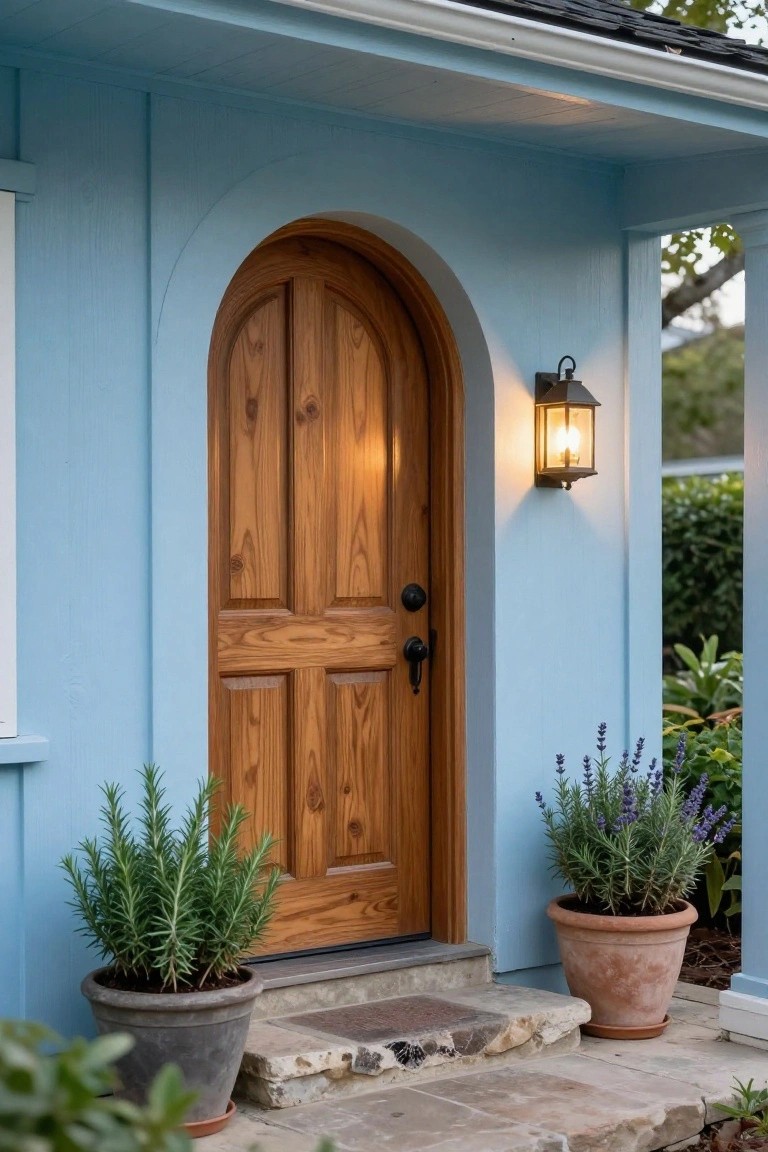 Light blue painted house exterior featuring a tall arched wooden front door with four panels, flanked by gray and terracotta pots of rosemary and lavender, stone entry steps, and a black metal lantern light.