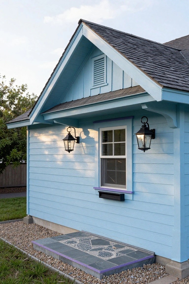 Light blue clapboard-sided house corner with gabled dark shingled roof, black lantern lights flanking a window with purple trim and mailbox, and a small tiled step amid gravel and grass.