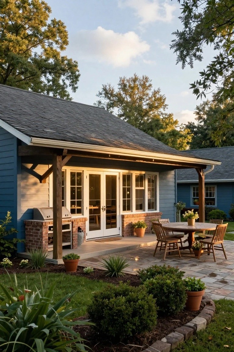 Blue clapboard building with shingle roof and covered porch supported by timber posts, featuring brick outdoor grill station, French doors, stone patio with round wooden table and chairs, potted plants, and surrounding garden beds.