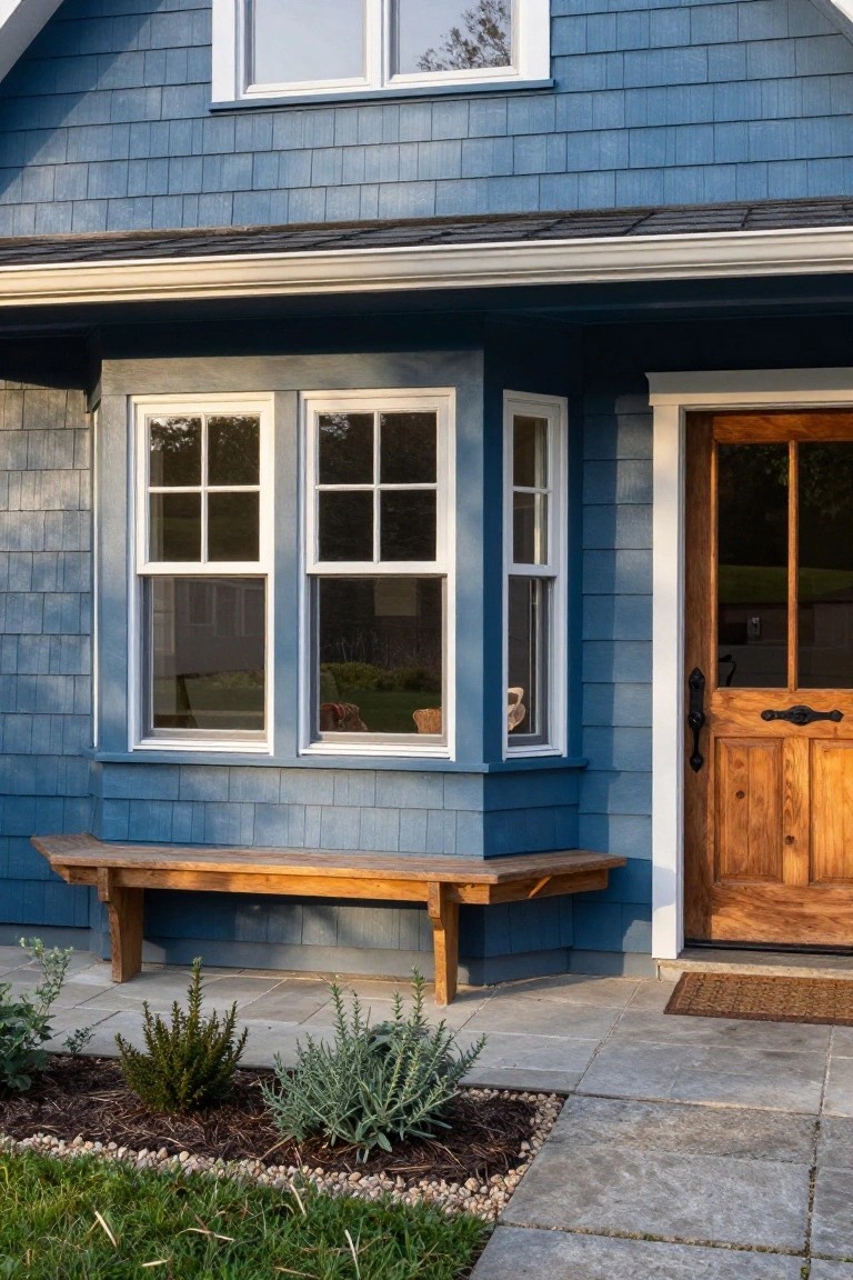 Blue shingle-sided Craftsman house exterior with white-framed bay window, wooden front door with glass panels, built-in wooden bench beside the entry, and gravel landscaping with low plants.