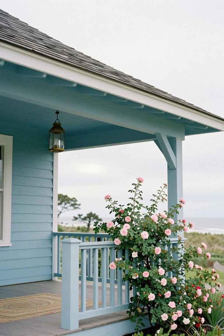 Light blue Craftsman house exterior showing a covered porch corner with blue ceiling and railing, hanging brass lantern, pink climbing roses on the post, seagrass rug on wood deck, and ocean view beyond.