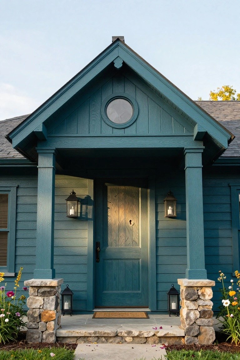 Teal Craftsman-style house exterior with gabled covered porch, wooden front door, stone-based columns, hanging lanterns, and flower beds at the entry steps.