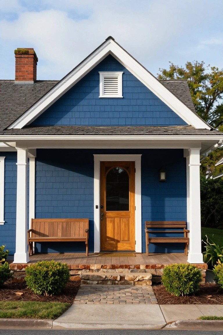 Front view of a blue shingled Craftsman house with white trim, gabled roof, wooden arched front door, two wooden benches on the porch, boxwood shrubs, stone steps, and paver walkway.