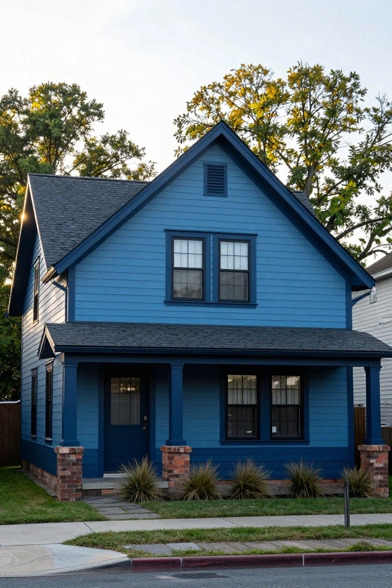 Navy blue Craftsman-style house with gabled roof, front porch on brick piers, double-hung windows, ornamental grasses in front, and autumn trees nearby.