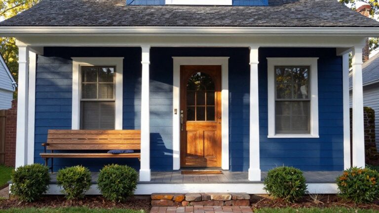 Front view of a blue shingled Craftsman house with white trim, gabled roof, wooden arched front door, two wooden benches on the porch, boxwood shrubs, stone steps, and paver walkway.